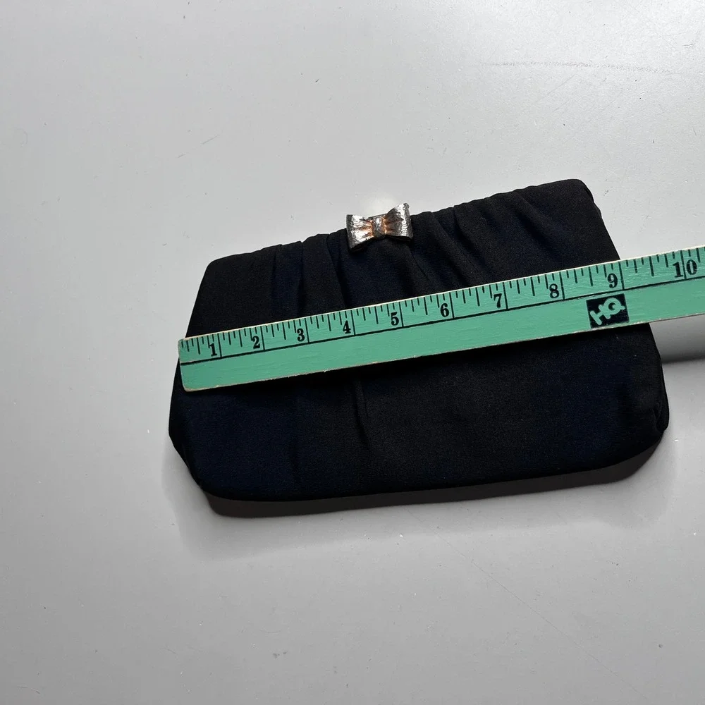 Vintage Black Fabric Evening Clutch Bag Silver Bow Clasp Pink Lining Made in USA